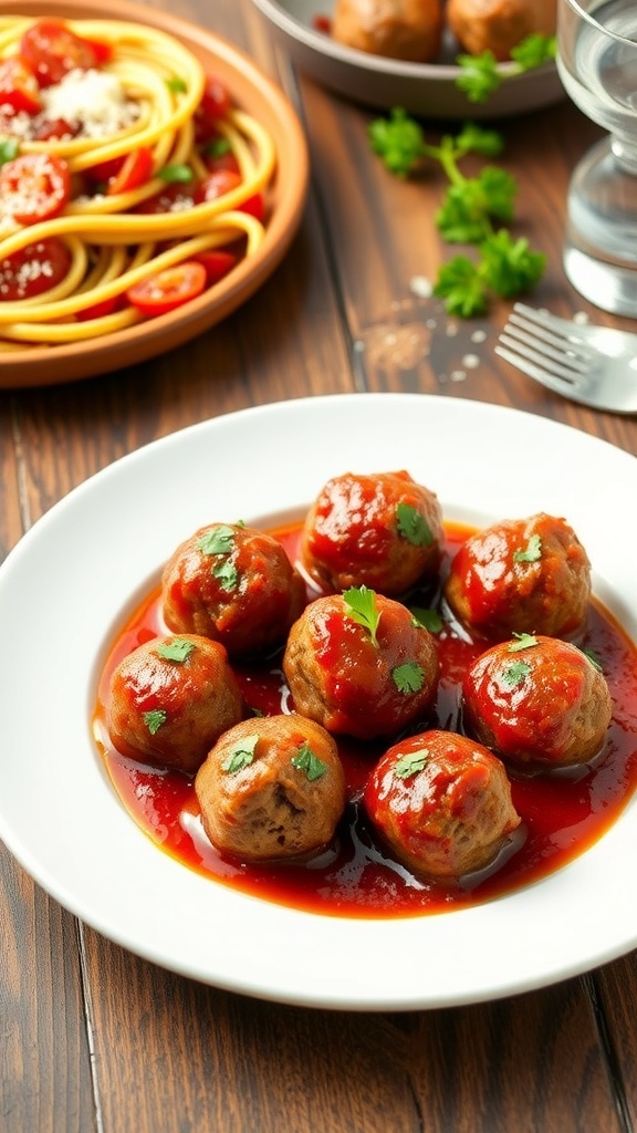 Oven-Baked Italian Meatballs Recipe A plate of oven-baked Italian meatballs with marinara sauce and parsley on a wooden table.